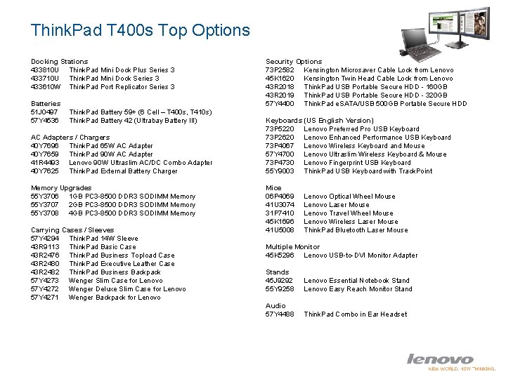 Think. Pad T 400 s Top Options Docking Stations 433810 U Think. Pad Mini