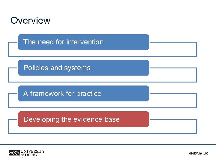 Overview The need for intervention Policies and systems A framework for practice Developing the