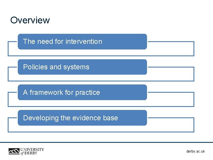 Overview The need for intervention Policies and systems A framework for practice Developing the