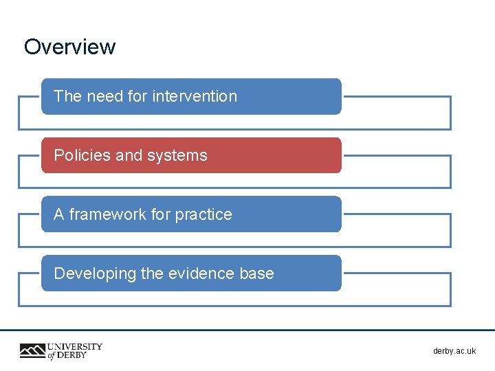 Overview The need for intervention Policies and systems A framework for practice Developing the