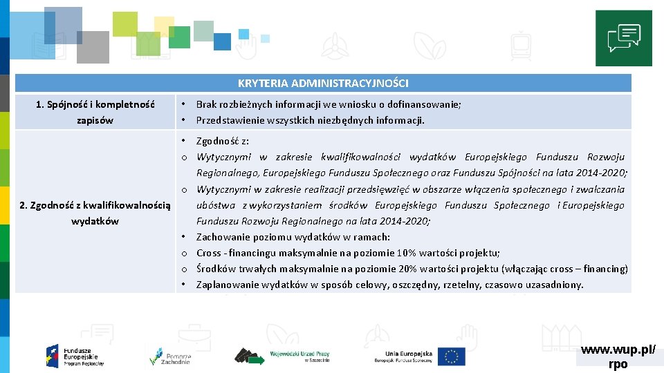 KRYTERIA ADMINISTRACYJNOŚCI 1. Spójność i kompletność zapisów • • Brak rozbieżnych informacji we wniosku KRYTERIA ADMINISTRACYJNOŚCI 1. Spójność i kompletność zapisów • • Brak rozbieżnych informacji we wniosku