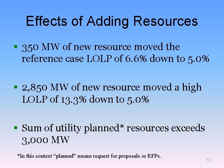 Effects of Adding Resources § 350 MW of new resource moved the reference case