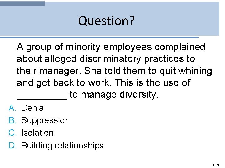 Question? A group of minority employees complained about alleged discriminatory practices to their manager.
