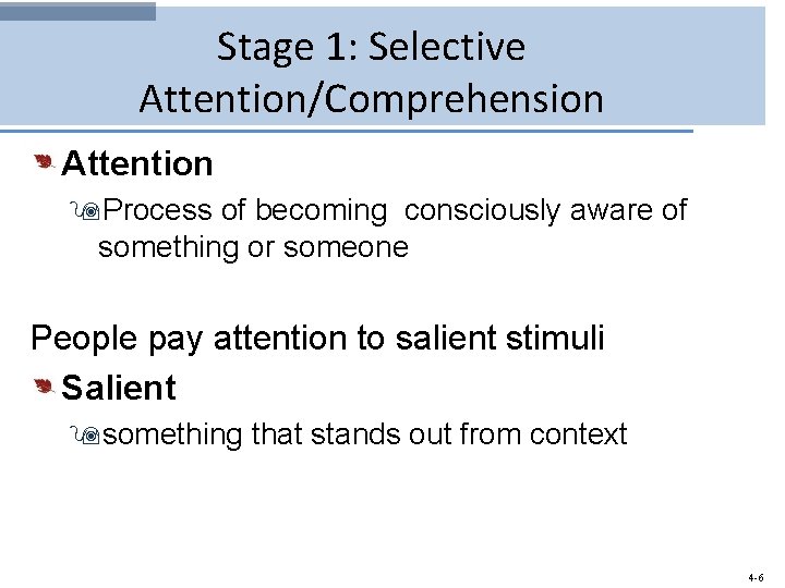 Stage 1: Selective Attention/Comprehension Attention 9 Process of becoming consciously aware of something or