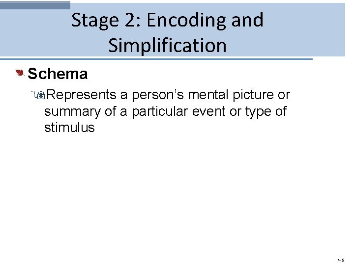 Stage 2: Encoding and Simplification Schema 9 Represents a person’s mental picture or summary