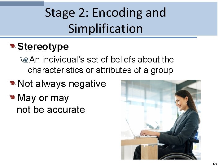 Stage 2: Encoding and Simplification Stereotype 9 An individual’s set of beliefs about the