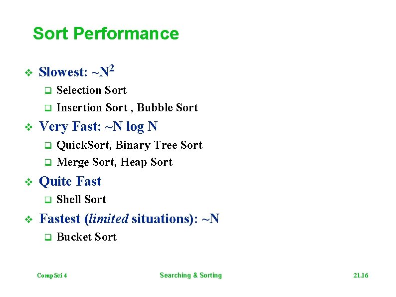 Sort Performance v Slowest: ~N 2 q q v Very Fast: ~N log N