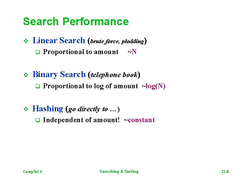 Search Performance v Linear Search (brute force, plodding) q v ~N Binary Search (telephone