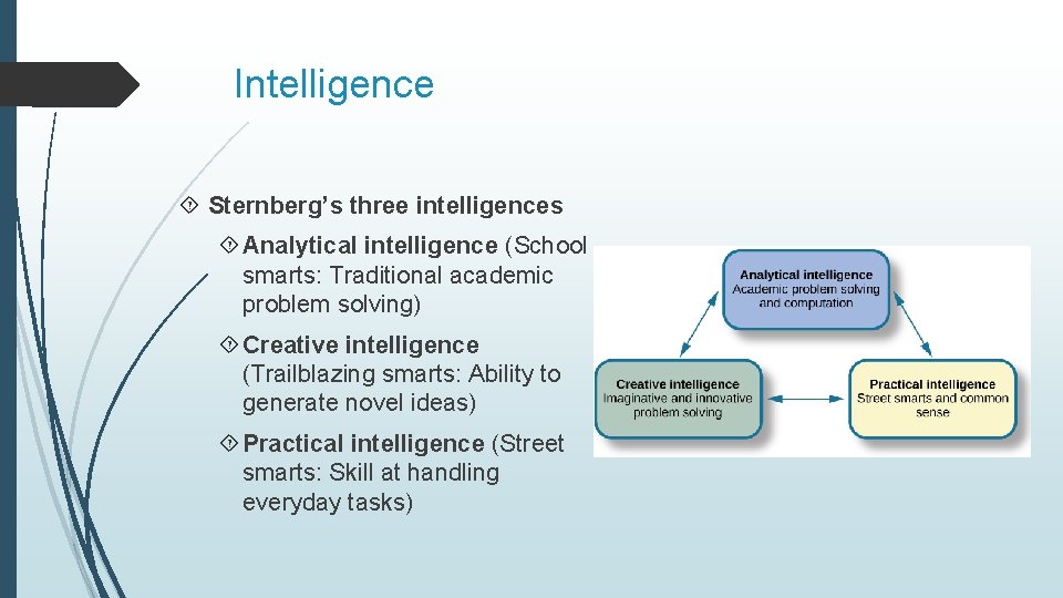 Intelligence Sternberg’s three intelligences Analytical intelligence (School smarts: Traditional academic problem solving) Creative intelligence