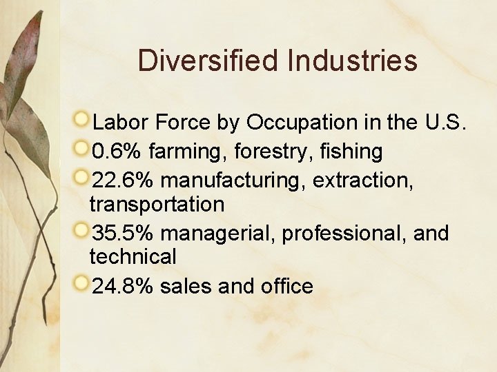 Diversified Industries Labor Force by Occupation in the U. S. 0. 6% farming, forestry,