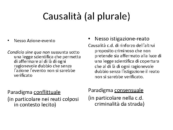 Causalità (al plurale) • Nesso Azione-evento • Nesso istigazione-reato Condicio sine qua non sussunta