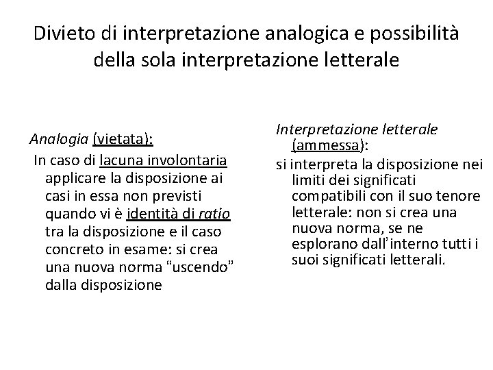 Divieto di interpretazione analogica e possibilità della sola interpretazione letterale Analogia (vietata): In caso