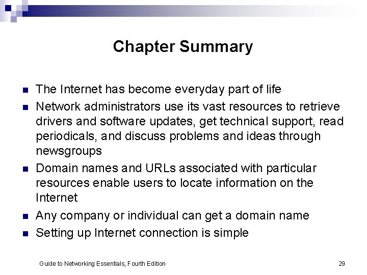 Chapter Summary n n n The Internet has become everyday part of life Network
