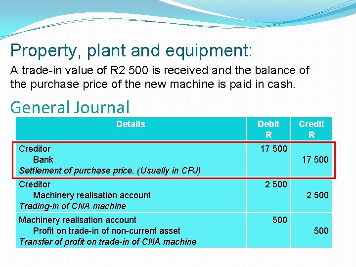 Property, plant and equipment: A trade-in value of R 2 500 is received and