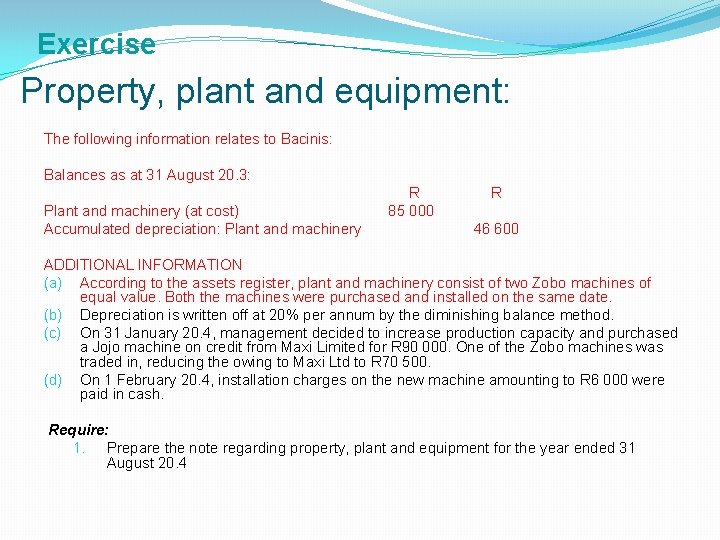 Exercise Property, plant and equipment: The following information relates to Bacinis: Balances as at