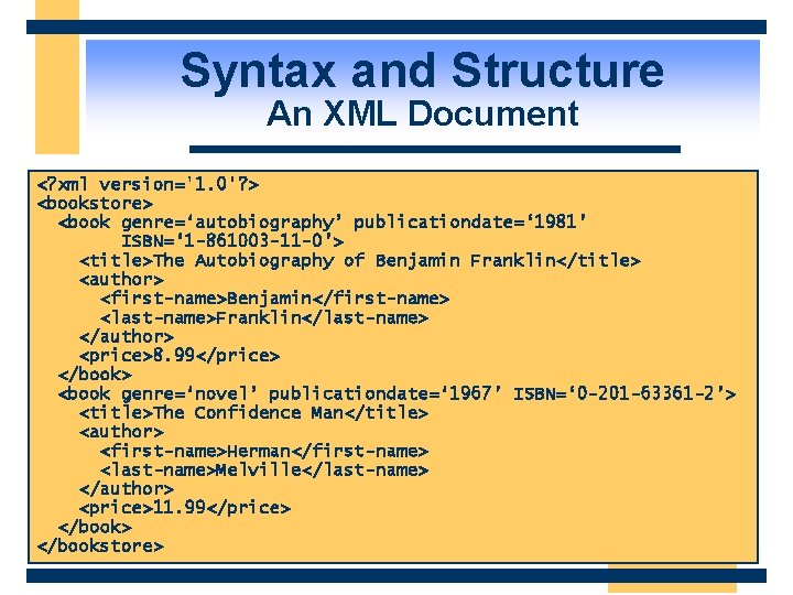 Syntax and Structure An XML Document <? xml version='1. 0'? > <bookstore> <book genre=‘autobiography’