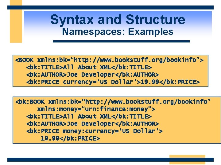 Syntax and Structure Namespaces: Examples <BOOK xmlns: bk=“http: //www. bookstuff. org/bookinfo”> <bk: TITLE>All About