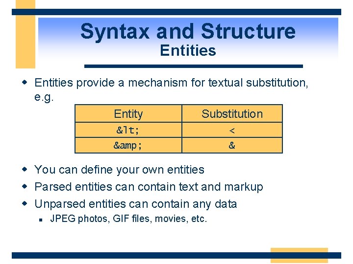 Syntax and Structure Entities w Entities provide a mechanism for textual substitution, e. g.