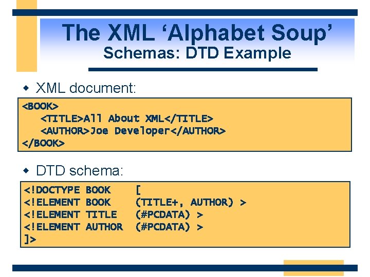 The XML ‘Alphabet Soup’ Schemas: DTD Example w XML document: <BOOK> <TITLE>All About XML</TITLE>