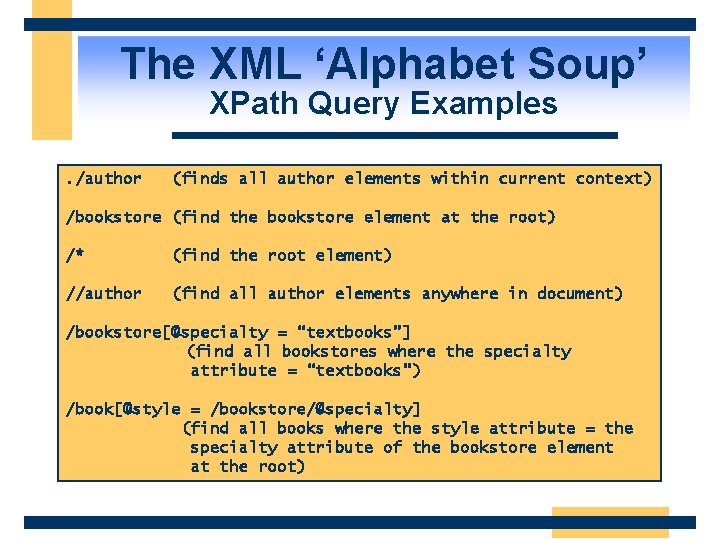 The XML ‘Alphabet Soup’ XPath Query Examples . /author (finds all author elements within