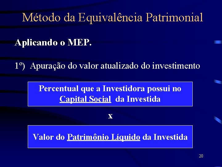 Método da Equivalência Patrimonial Aplicando o MEP. 1º) Apuração do valor atualizado do investimento