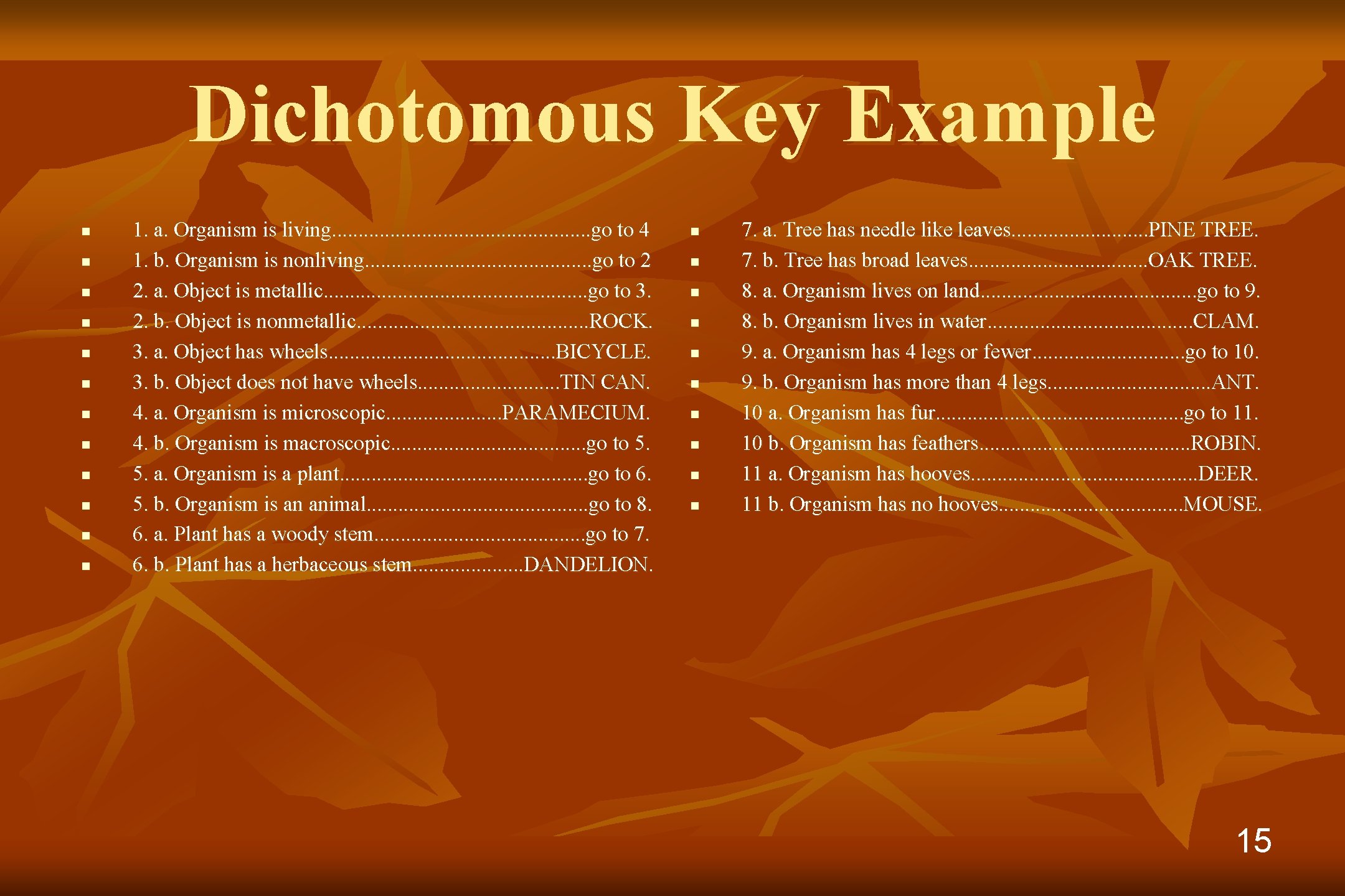 Dichotomous Key Example n n n 1. a. Organism is living. . . go