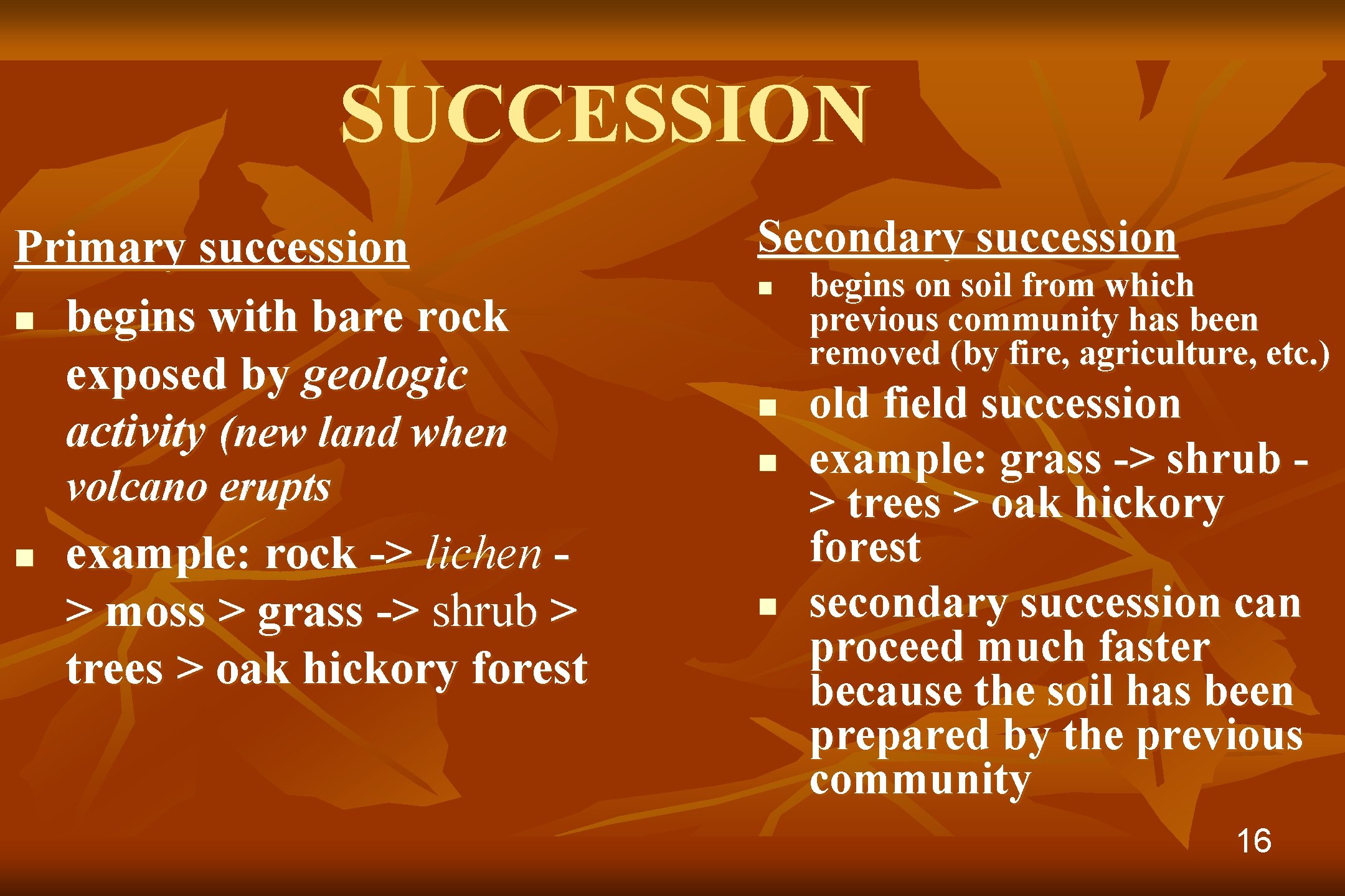 SUCCESSION Primary succession n begins with bare rock exposed by geologic activity (new land