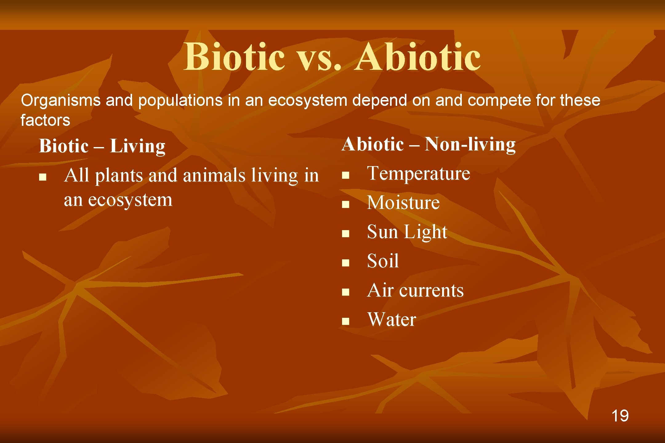 Biotic vs. Abiotic Organisms and populations in an ecosystem depend on and compete for