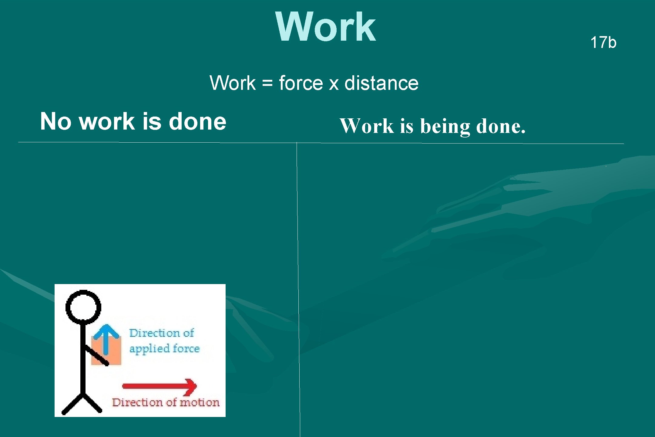 Work = force x distance No work is done Work is being done. 17