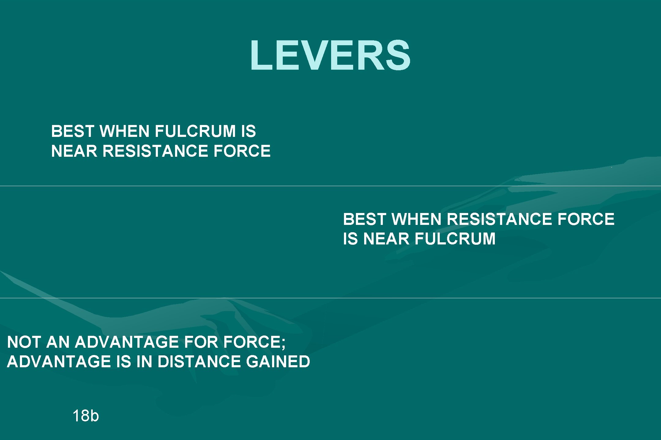 LEVERS BEST WHEN FULCRUM IS NEAR RESISTANCE FORCE BEST WHEN RESISTANCE FORCE IS NEAR