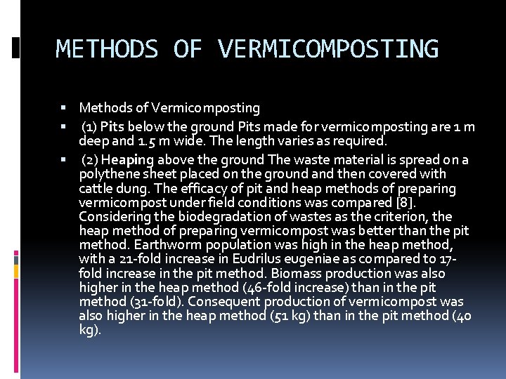 METHODS OF VERMICOMPOSTING Methods of Vermicomposting (1) Pits below the ground Pits made for