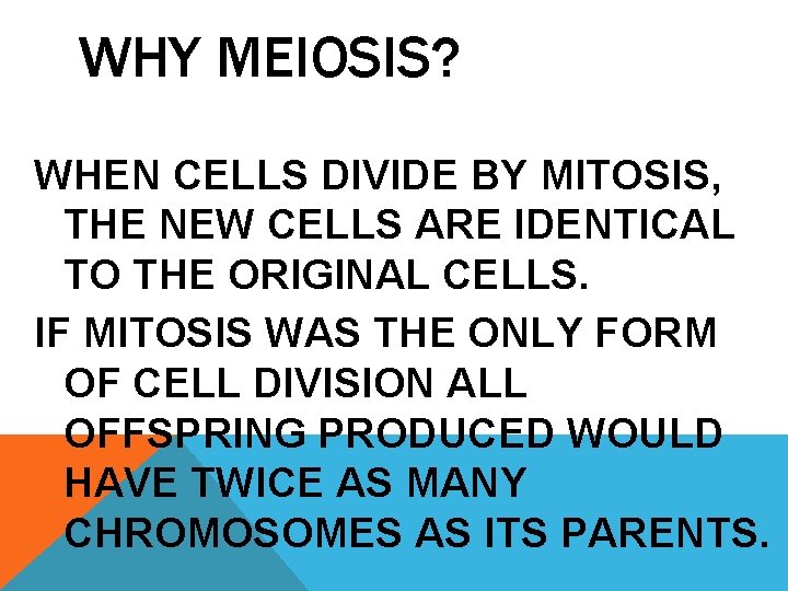 WHY MEIOSIS? WHEN CELLS DIVIDE BY MITOSIS, THE NEW CELLS ARE IDENTICAL TO THE