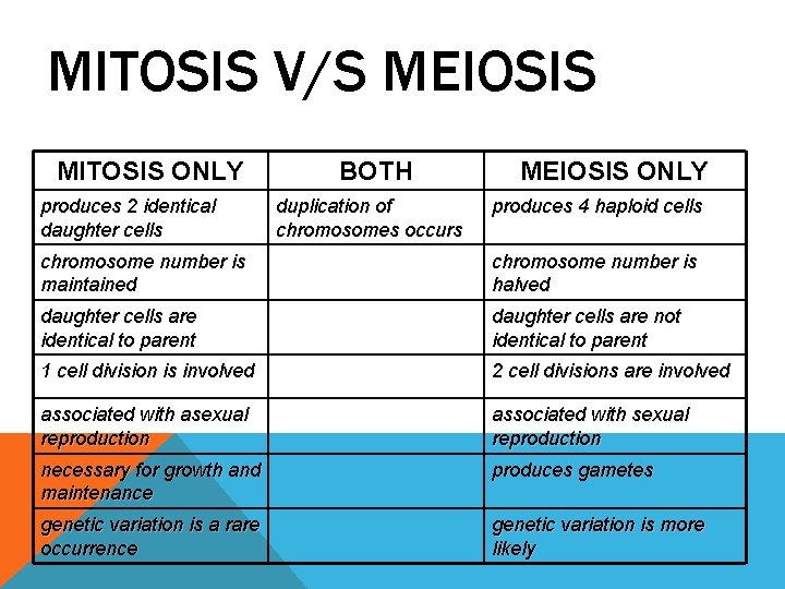 MITOSIS V/S MEIOSIS MITOSIS ONLY produces 2 identical daughter cells BOTH duplication of chromosomes