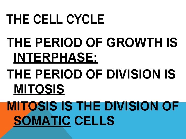 THE CELL CYCLE THE PERIOD OF GROWTH IS INTERPHASE: THE PERIOD OF DIVISION IS
