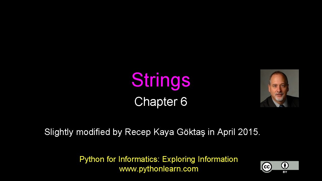 Strings Chapter 6 Slightly modified by Recep Kaya Göktaş in April 2015. Python for
