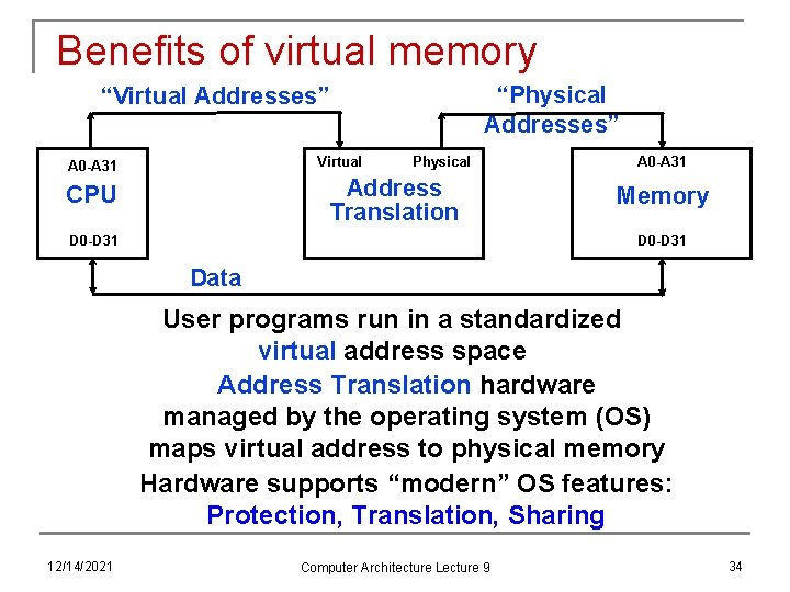 Benefits of virtual memory “Physical Addresses” “Virtual Addresses” Virtual A 0 -A 31 Physical