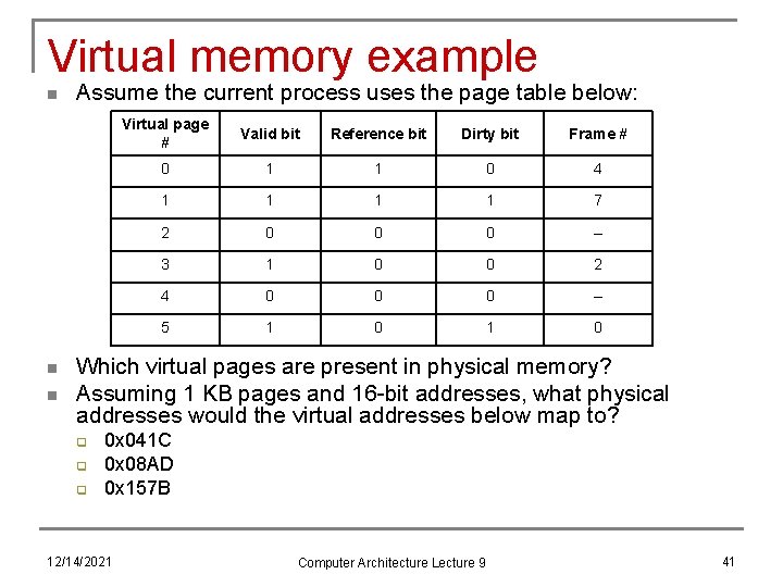 Virtual memory example n n n Assume the current process uses the page table