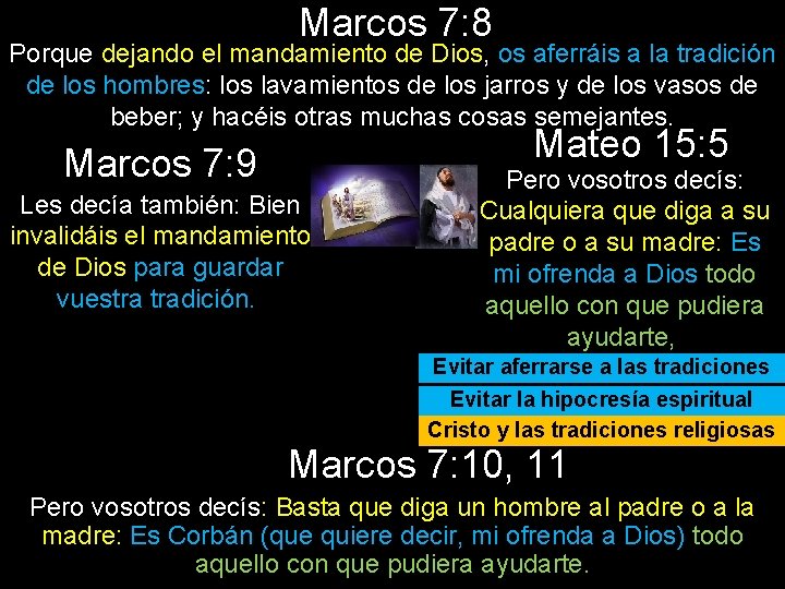 Marcos 7: 8 Porque dejando el mandamiento de Dios, os aferráis a la tradición