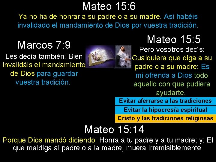 Mateo 15: 6 Ya no ha de honrar a su padre o a su