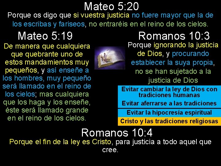 Mateo 5: 20 Porque os digo que si vuestra justicia no fuere mayor que