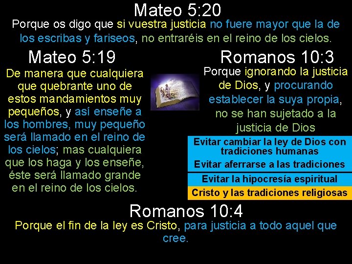 Mateo 5: 20 Porque os digo que si vuestra justicia no fuere mayor que