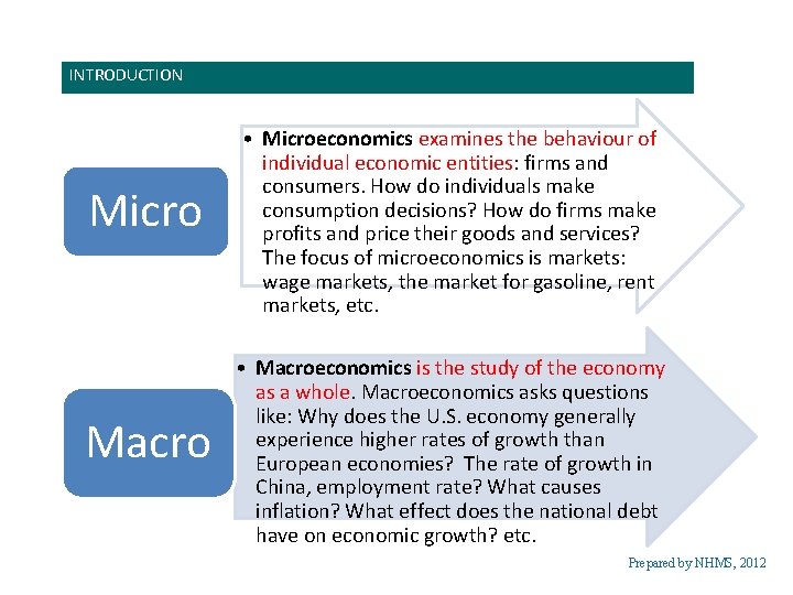 INTRODUCTION Micro Macro • Microeconomics examines the behaviour of individual economic entities: firms and