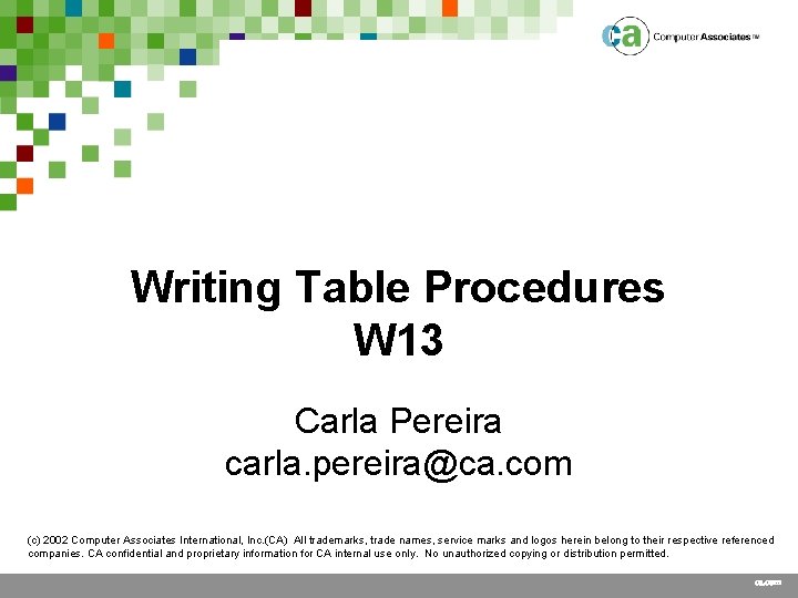 Writing Table Procedures W 13 Carla Pereira carla. pereira@ca. com (c) 2002 Computer Associates