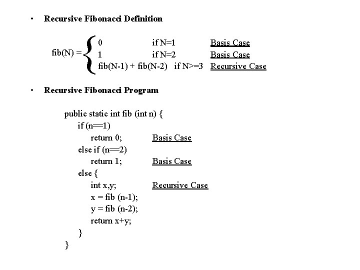  • Recursive Fibonacci Definition { fib(N) = • 0 if N=1 Basis Case