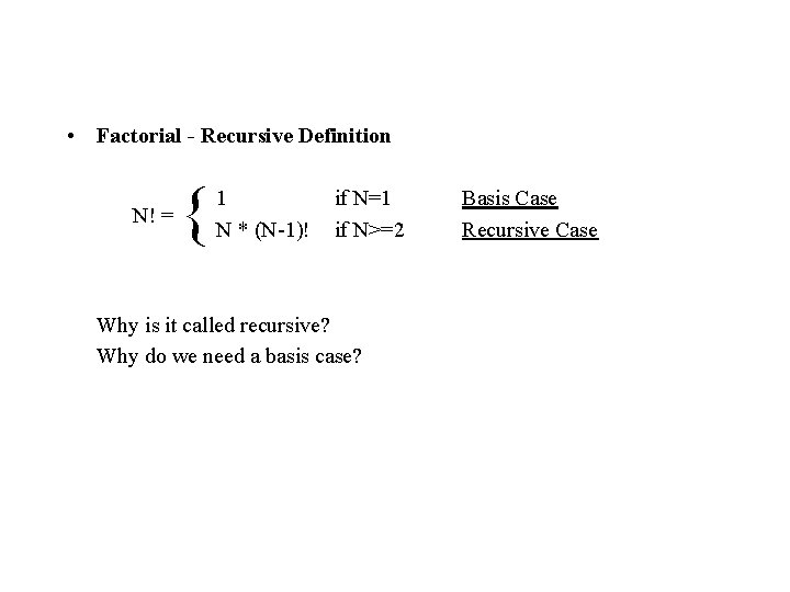  • Factorial - Recursive Definition N! = { 1 N * (N-1)! if