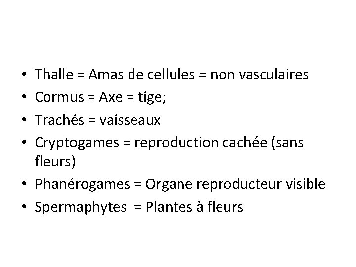 Thalle = Amas de cellules = non vasculaires Cormus = Axe = tige; Trachés