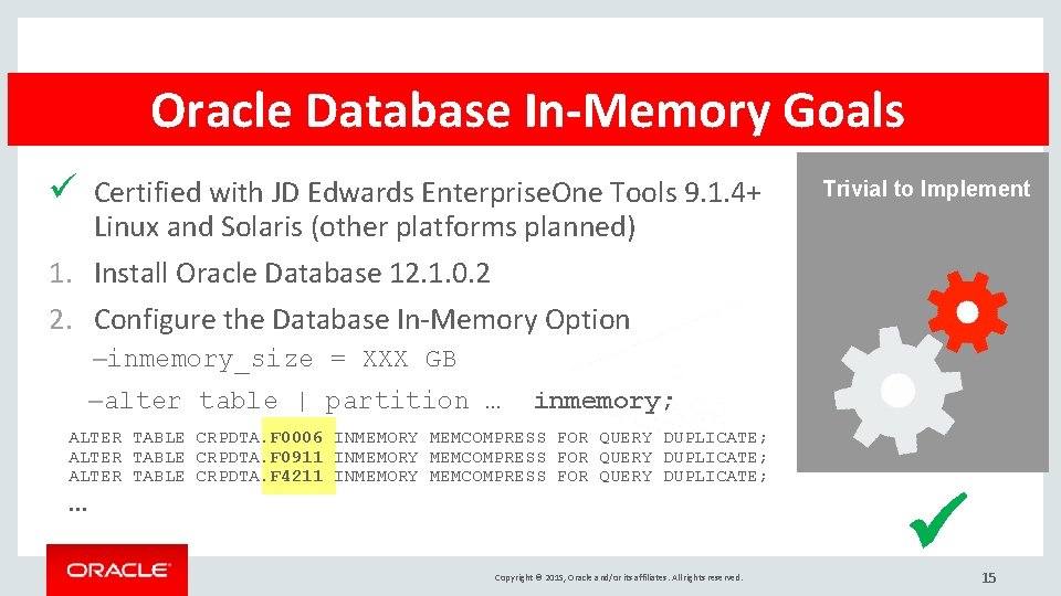 Oracle Database In-Memory Goals Certified with Real Time Analytics JD Edwards Enterprise. One 9.