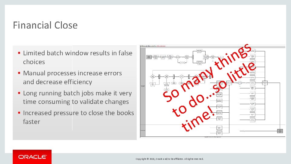 Financial Close § Limited batch window results in false choices § Manual processes increase