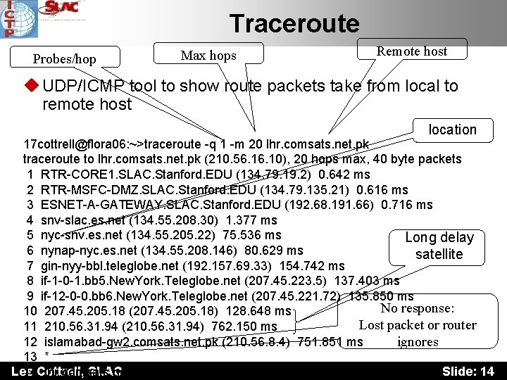 Traceroute Probes/hop Max hops Remote host u UDP/ICMP tool to show route packets take