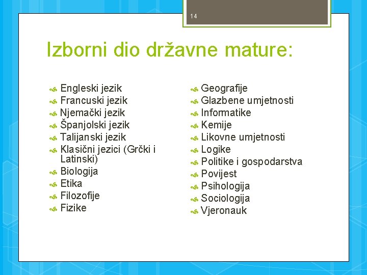 14 Izborni dio državne mature: Engleski jezik Francuski jezik Njemački jezik Španjolski jezik Talijanski